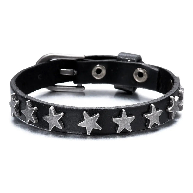 Pulsera Eco Modelo Huasa Estrella, Brazalete Cuero Vegano Negro 20 Cm