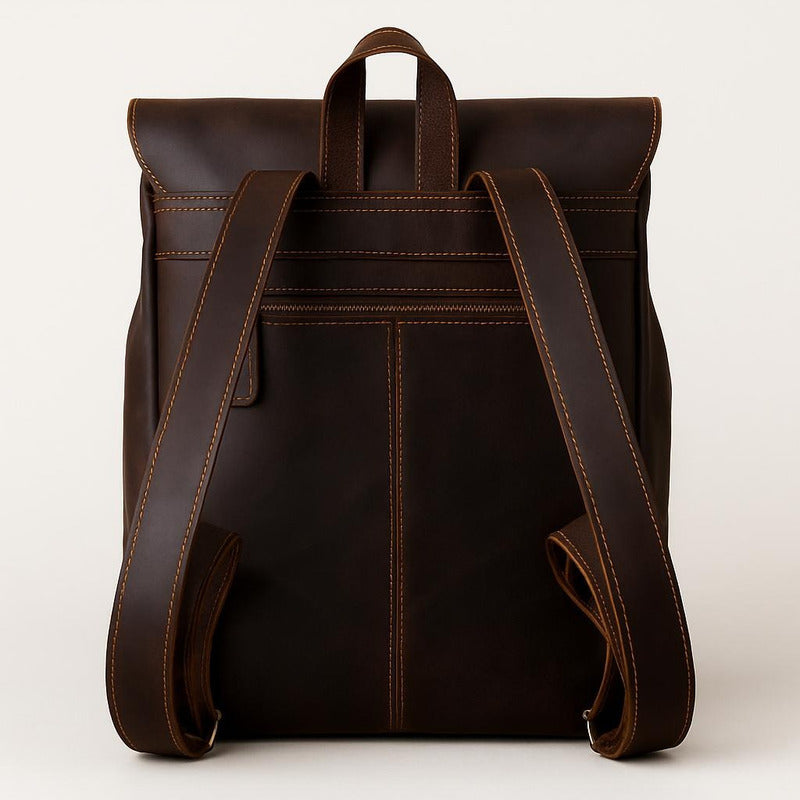 Mochila Estilo Vintage En Cuero Vegano Premium Resistente Café Liso