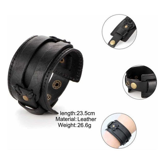 Pulsera Brazalete Cuero Negro Vintage Elegante Vikingo Varon 20 Cm