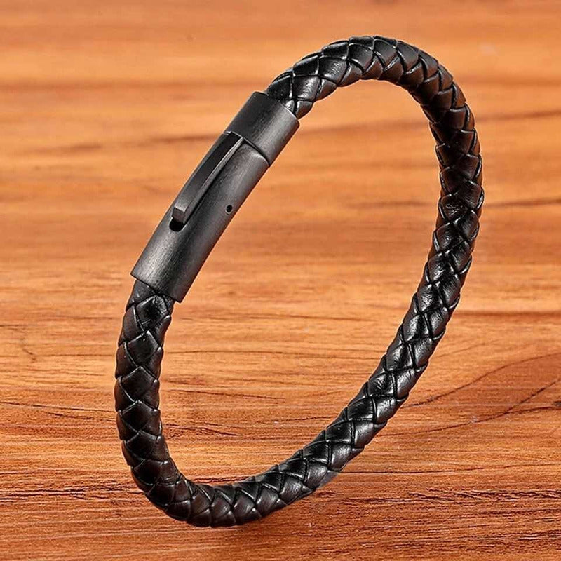 Pulsera Cuero Negra Vikinga - Brazalete Étnico Con Cierre 0 Mm
