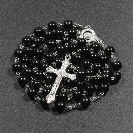 Collar Negro Religioso Largo, Rosario Negro Sofisticado Negro