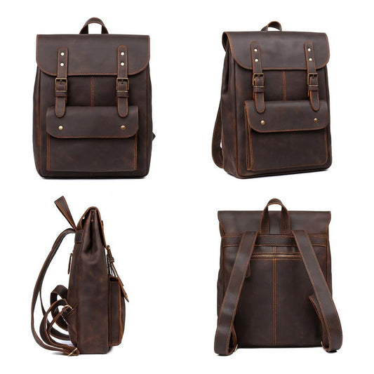 Mochila Estilo Vintage En Cuero Vegano Premium Resistente Café Liso