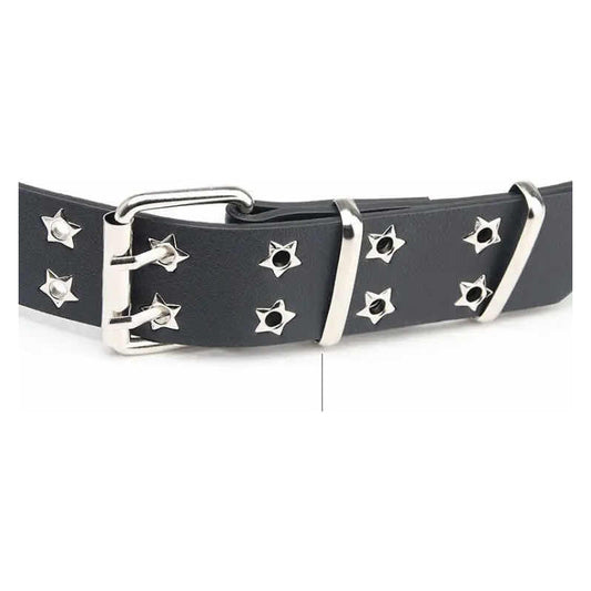 Cinturón Con Ojales De Estrellas Dobles, Cinturón Mujer Punk Negro Liso 105