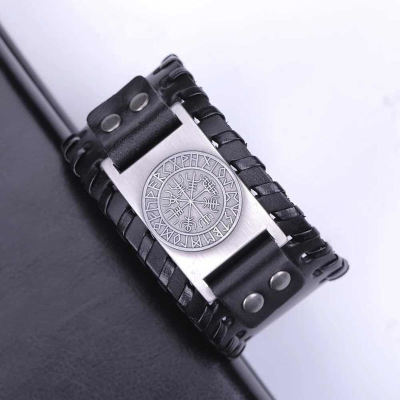 Pulsera Cuero Negro Vikingo Vegvisir Hombre Mujer Top Moda 0 Cm 50.8 Cm