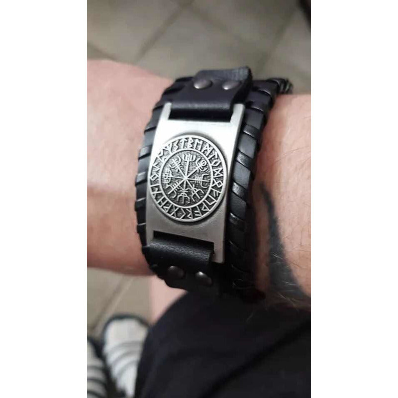 Pulsera Cuero Negro Vikingo Vegvisir Hombre Mujer Top Moda 0 Cm 50.8 Cm