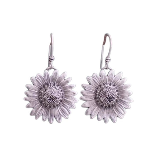 Aros Plateados Forma Girasol - Pendientes Femenino De Flor - Plateado