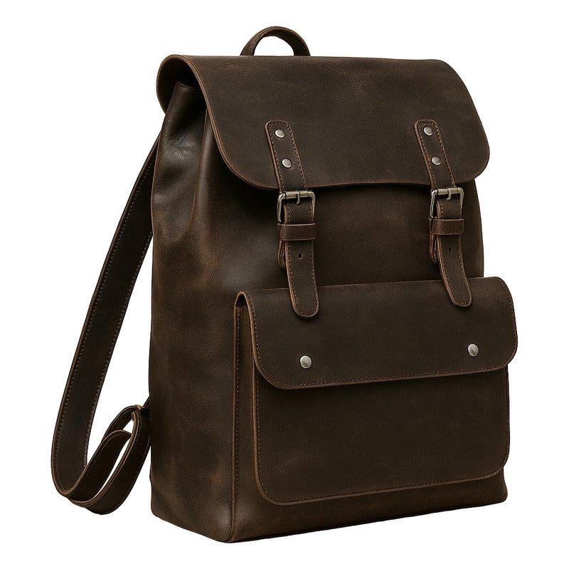 Mochila Estilo Vintage En Cuero Vegano Premium  Resistente Café Liso