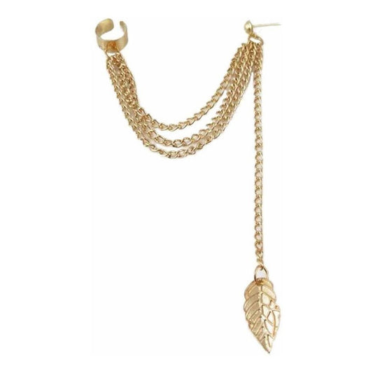 Aro Clip Hoja Dorada Colgante De Borla, Pendiente Elegante Dorado