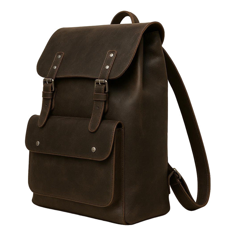 Mochila Estilo Vintage En Cuero Vegano Premium  Resistente Café Liso