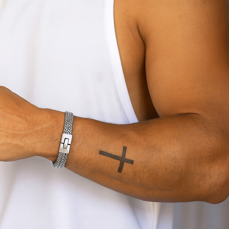Pulsera Hombre De Acero Inoxidable Trenzada, Estilo Urbano Plateado 20 Cm