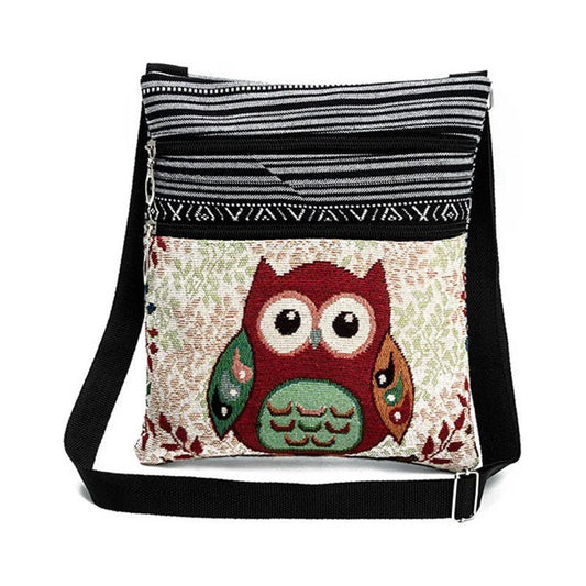 Bandolera Femenina, Cartera De Lona Diseño Bordado Marrón Claro Lechuza Metal Genérica