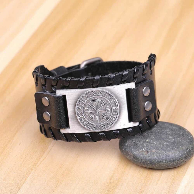 Pulsera Cuero Negro Vikingo Vegvisir Hombre Mujer Top Moda 0 Cm 50.8 Cm
