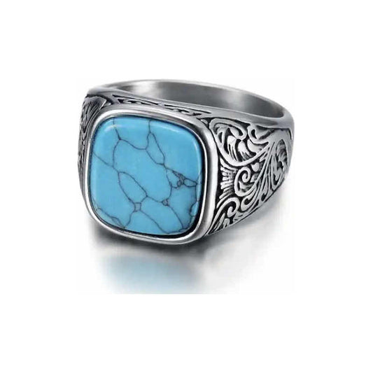 Anillo Hombre Con Joya Cuadrada Turquesa Y Acero Inoxidable Plateado 10