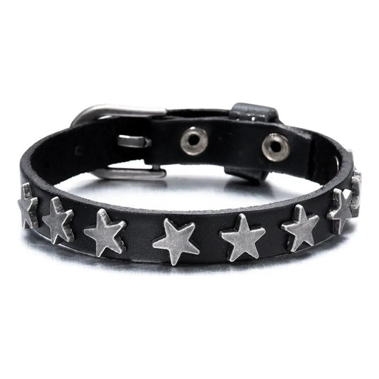 Pulsera Eco Modelo Huasa Estrella, Brazalete Cuero Vegano Negro 20 Cm