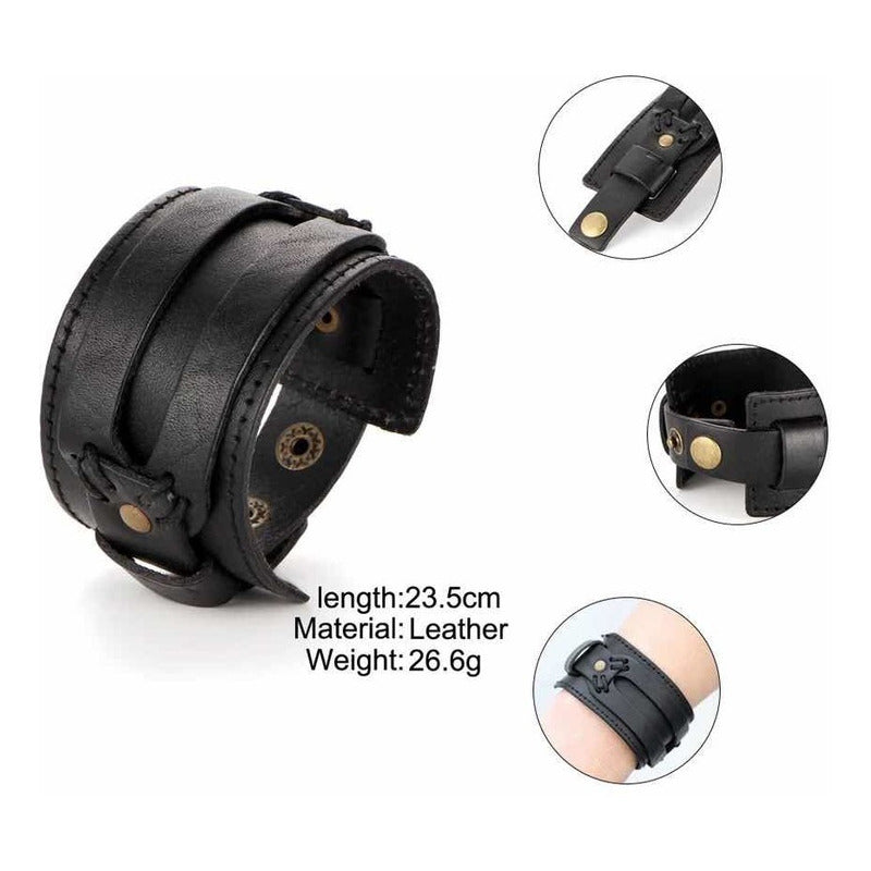 Pulsera Brazalete Cuero Negro Vintage Elegante Vikingo Varon 20 Cm