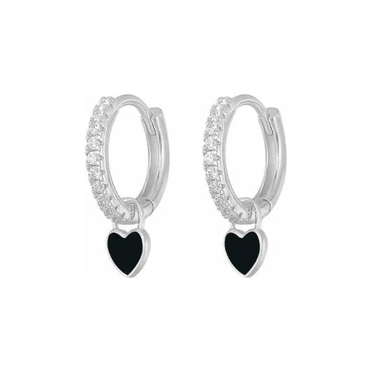 Aros Argollas Con Corazón Colgante, Pendientes Elegantes Negro