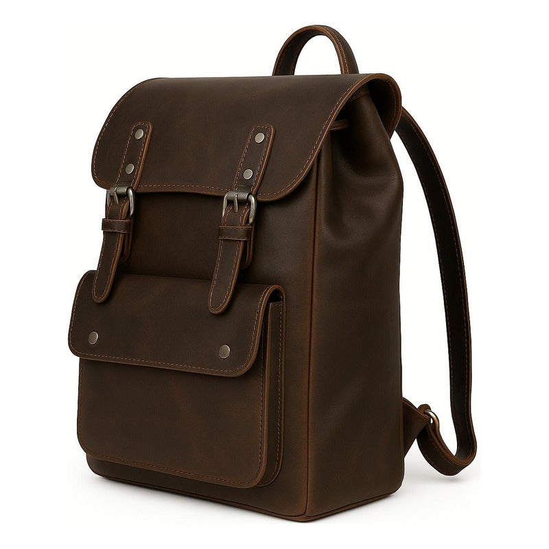 Mochila Estilo Vintage En Cuero Vegano Premium  Resistente Café Liso