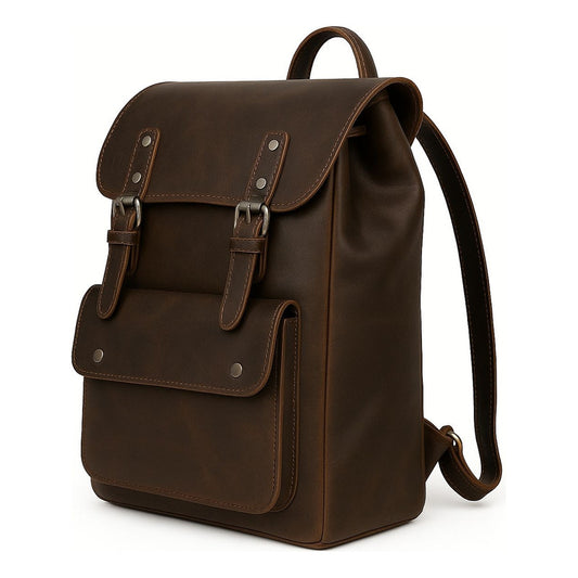 Mochila Estilo Vintage En Cuero Vegano Premium  Resistente Café Liso
