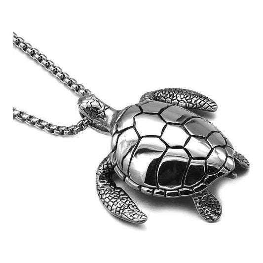 Gran Collar De Tortuga De Mar, Tortuga Con Cadena Acero Plateado