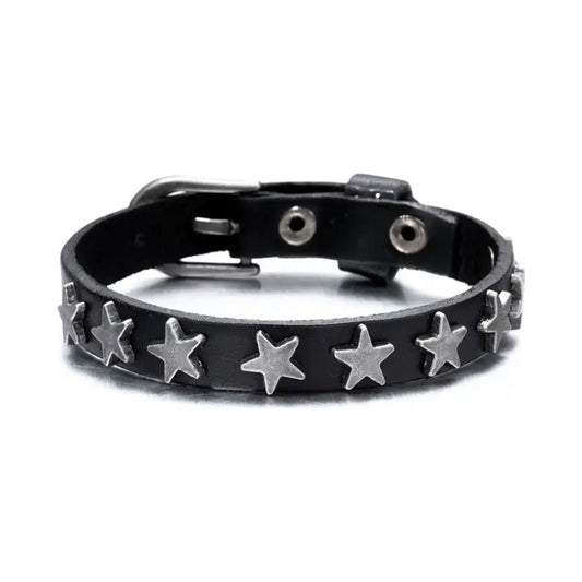 Pulsera Eco Modelo Huasa Estrella, Brazalete Cuero Vegano Negro 20 Cm