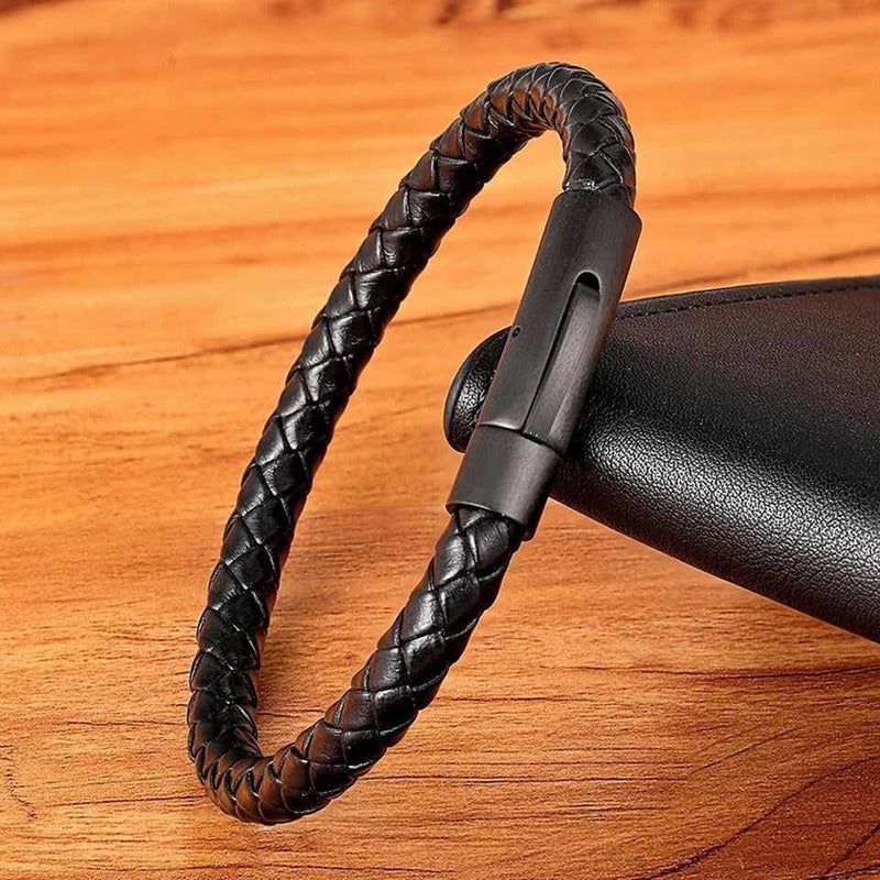 Pulsera Cuero Negra Vikinga - Brazalete Étnico Con Cierre 0 Mm