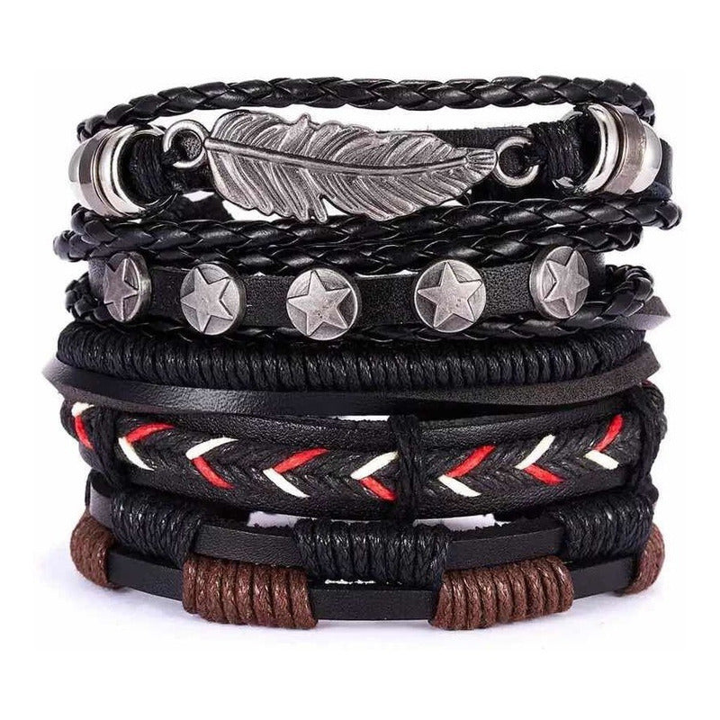 Pulsera Brazalete Hombre Cuero Elegante Pluma Hoja Trenzado 1 Cm