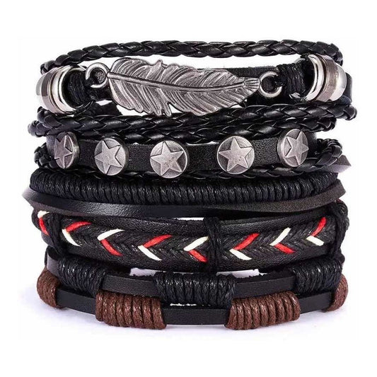 Pulsera Brazalete Hombre Cuero Elegante Pluma Hoja Trenzado 1 Cm