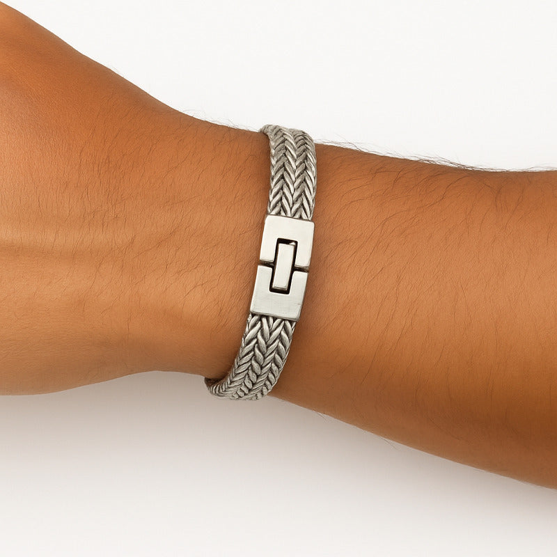 Pulsera Hombre De Acero Inoxidable Trenzada, Estilo Urbano Plateado 20 Cm